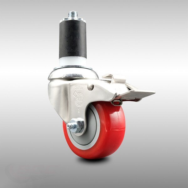 3 Inch 316SS Red Poly Swivel 1-5/8 Inch Expanding Stem Caster Lock Brake SCC, Service Caster, Mfr#: SCC-SS316TTLEX20S314-PPUB-RED-158